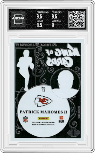 Patrick Mahomes II from the 2023 Panini Illusions set graded by Arena Club and given an overall grade of 9.