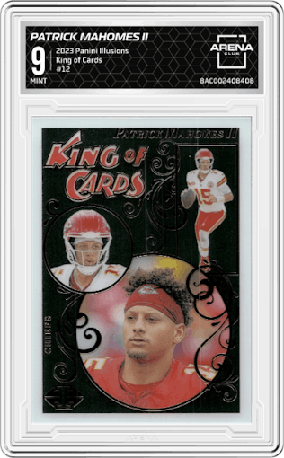 Patrick Mahomes II from the 2023 Panini Illusions set graded by Arena Club and given an overall grade of 9.