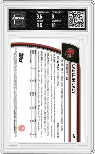 Caullin Lacy from the 2024 Bowman Chrome University set featuring a Purple Mini-Diamond Refractor parallel graded by Arena Club and given an overall grade of 9.