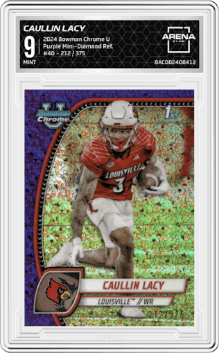 Caullin Lacy from the 2024 Bowman Chrome University set featuring a Purple Mini-Diamond Refractor parallel graded by Arena Club and given an overall grade of 9.