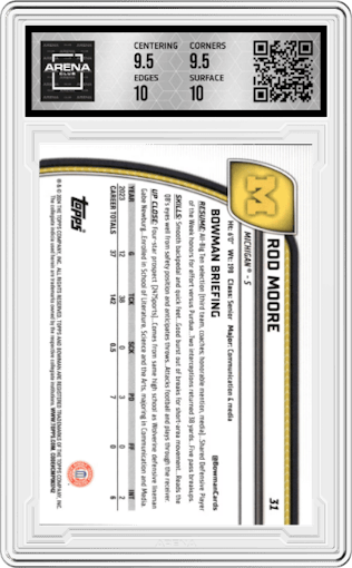 Rod Moore from the 2024 Bowman University Chrome set featuring a Aqua Refractor parallel graded by Arena Club and given an overall grade of 10.