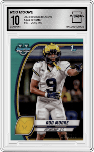 Rod Moore from the 2024 Bowman University Chrome set featuring a Aqua Refractor parallel graded by Arena Club and given an overall grade of 10.