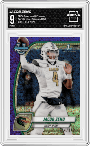 Jacob Zeno from the 2024 Bowman University Chrome set featuring a Purple Mini-Diamond Refractor parallel graded by Arena Club and given an overall grade of 9.