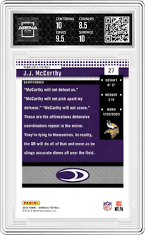 J.J. McCarthy from the 2024 Donruss set graded by Arena Club and given an overall grade of 9.