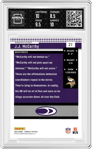J.J. McCarthy from the 2024 Donruss set graded by Arena Club and given an overall grade of 9.