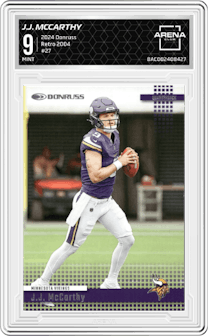 J.J. McCarthy from the 2024 Donruss set graded by Arena Club and given an overall grade of 9.