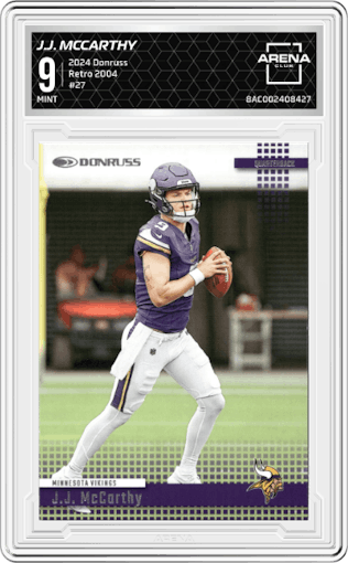 J.J. McCarthy from the 2024 Donruss set graded by Arena Club and given an overall grade of 9.