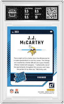 J.J. McCarthy from the 2024 Donruss set graded by Arena Club and given an overall grade of 9.