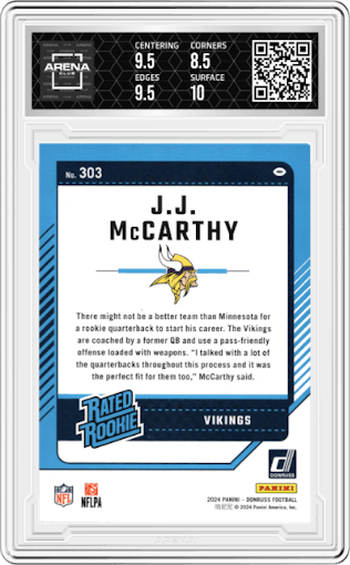 J.J. McCarthy from the 2024 Donruss set graded by Arena Club and given an overall grade of 9.