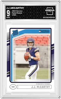J.J. McCarthy from the 2024 Donruss set graded by Arena Club and given an overall grade of 9.