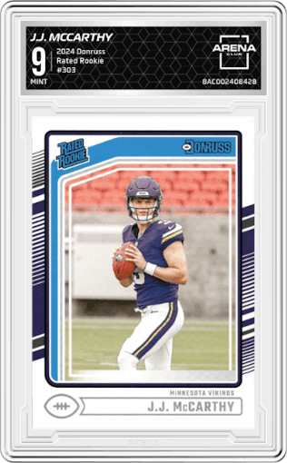 J.J. McCarthy from the 2024 Donruss set graded by Arena Club and given an overall grade of 9.