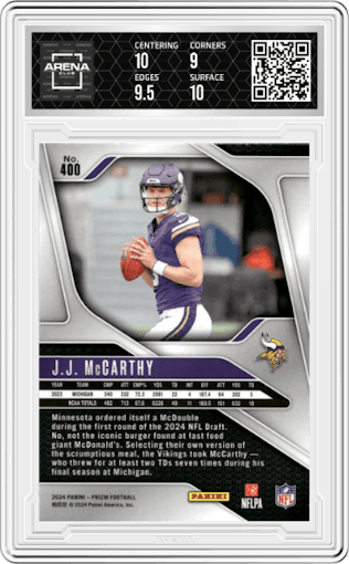 J.J. McCarthy from the 2024 Panini Prizm set graded by Arena Club and given an overall grade of 9.5.