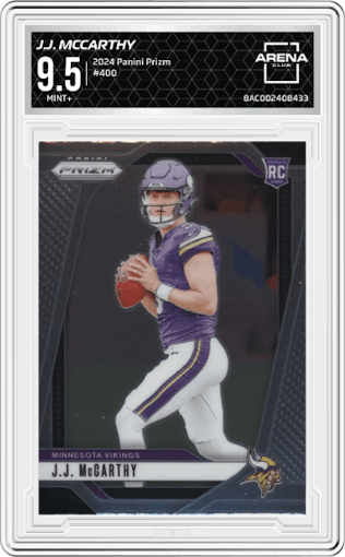 J.J. McCarthy from the 2024 Panini Prizm set graded by Arena Club and given an overall grade of 9.5.