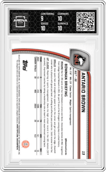 Antario Brown from the 2024 Bowman Chrome University set featuring a Blue Mini-Diamond Refractor parallel graded by Arena Club and given an overall grade of 9.5.