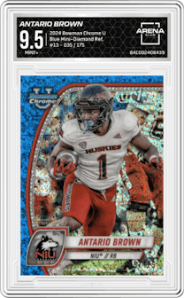 Antario Brown from the 2024 Bowman Chrome University set featuring a Blue Mini-Diamond Refractor parallel graded by Arena Club and given an overall grade of 9.5.