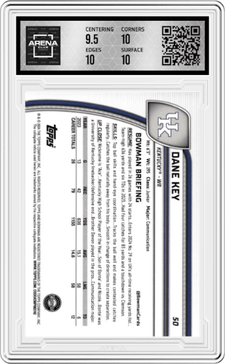 Dane Key from the 2024 Bowman Chrome University set featuring a Aqua Mini-Diamond Refractor parallel graded by Arena Club and given an overall grade of 10.