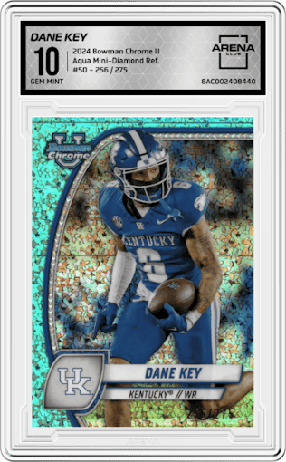 Dane Key from the 2024 Bowman Chrome University set featuring a Aqua Mini-Diamond Refractor parallel graded by Arena Club and given an overall grade of 10.