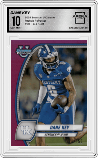 Dane Key from the 2024 Bowman University Chrome set featuring a Fuchsia Refractor parallel graded by Arena Club and given an overall grade of 10.