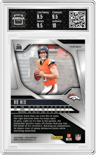 Bo Nix from the 2024 Panini Prizm set featuring a Disco parallel graded by Arena Club and given an overall grade of 9.
