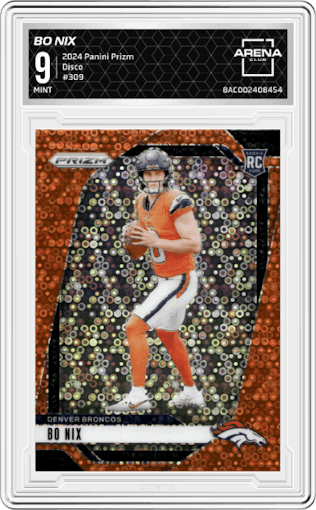 Bo Nix from the 2024 Panini Prizm set featuring a Disco parallel graded by Arena Club and given an overall grade of 9.