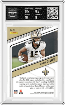 Chris Olave from the 2023 Panini Donruss Elite set featuring a Aspirations parallel graded by Arena Club and given an overall grade of 9.