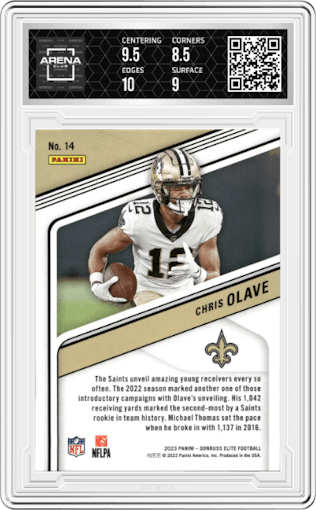 Chris Olave from the 2023 Panini Donruss Elite set featuring a Aspirations parallel graded by Arena Club and given an overall grade of 9.