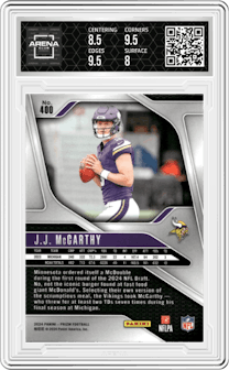 J.J. McCarthy from the 2024 Panini Prizm set graded by Arena Club and given an overall grade of 8.5.