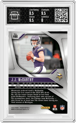 J.J. McCarthy from the 2024 Panini Prizm set graded by Arena Club and given an overall grade of 8.5.