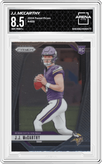 J.J. McCarthy from the 2024 Panini Prizm set graded by Arena Club and given an overall grade of 8.5.