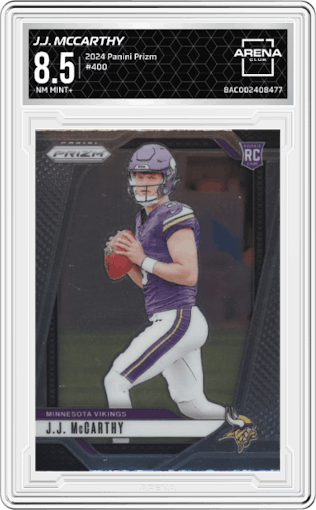 J.J. McCarthy from the 2024 Panini Prizm set graded by Arena Club and given an overall grade of 8.5.