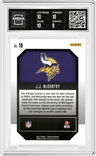 J.J. McCarthy from the 2024 Panini Prizm set graded by Arena Club and given an overall grade of 9.5.