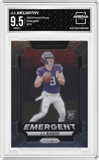 J.J. McCarthy from the 2024 Panini Prizm set graded by Arena Club and given an overall grade of 9.5.