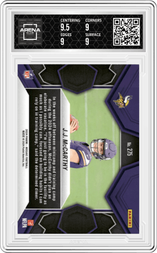 J.J. McCarthy from the 2024 Panini Mosaic set graded by Arena Club and given an overall grade of 9.