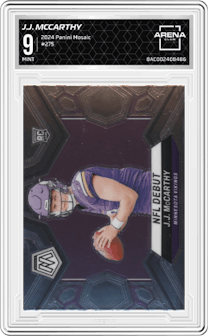 J.J. McCarthy from the 2024 Panini Mosaic set graded by Arena Club and given an overall grade of 9.