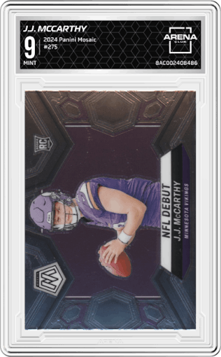 J.J. McCarthy from the 2024 Panini Mosaic set graded by Arena Club and given an overall grade of 9.