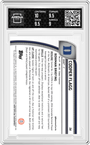 Cooper Flagg from the 2024-25 Bowman University Chrome set featuring a Green Shimmer parallel graded by Arena Club and given an overall grade of 9.5.