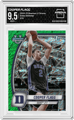 Cooper Flagg from the 2024-25 Bowman University Chrome set featuring a Green Shimmer parallel graded by Arena Club and given an overall grade of 9.5.