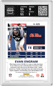 Evan Engram from the 2017 Panini Score set featuring a End Zone parallel graded by Arena Club and given an overall grade of 9.5.