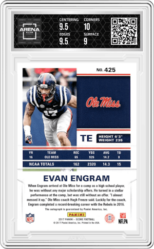 Evan Engram from the 2017 Panini Score set featuring a End Zone parallel graded by Arena Club and given an overall grade of 9.5.