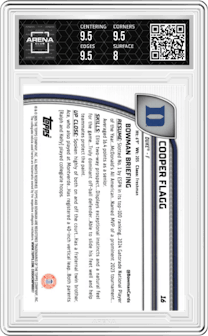 Cooper Flagg from the 2024-25 Bowman University Chrome set featuring a Purple Lava Refractor parallel graded by Arena Club and given an overall grade of 8.5.