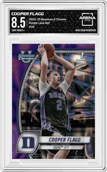 Cooper Flagg from the 2024-25 Bowman University Chrome set featuring a Purple Lava Refractor parallel graded by Arena Club and given an overall grade of 8.5.
