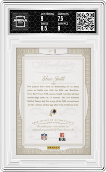 Bruce Smith from the 2014 Panini Flawless set featuring a Emerald parallel graded by Arena Club and given an overall grade of 8.
