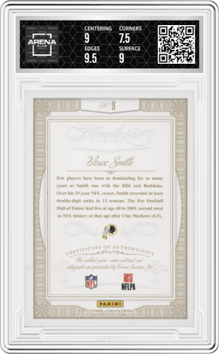 Bruce Smith from the 2014 Panini Flawless set featuring a Emerald parallel graded by Arena Club and given an overall grade of 8.