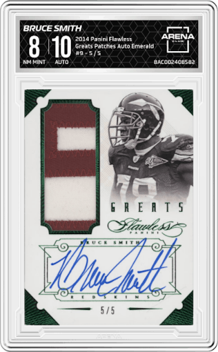 Bruce Smith from the 2014 Panini Flawless set featuring a Emerald parallel graded by Arena Club and given an overall grade of 8.