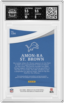 Amon-Ra St. Brown from the 2021 Panini Immaculate Collection set graded by Arena Club and given an overall grade of 8.5.