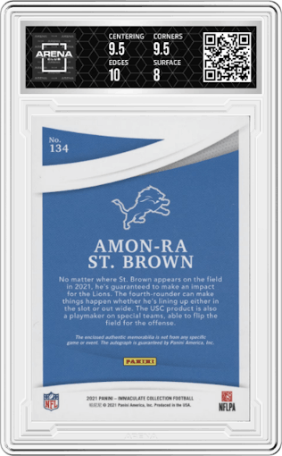 Amon-Ra St. Brown from the 2021 Panini Immaculate Collection set graded by Arena Club and given an overall grade of 8.5.