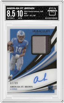 Amon-Ra St. Brown from the 2021 Panini Immaculate Collection set graded by Arena Club and given an overall grade of 8.5.