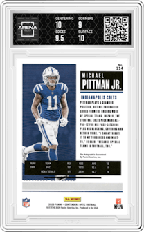 Michael Pittman Jr. from the 2020 Panini Contenders Optic set graded by Arena Club and given an overall grade of 9.5.
