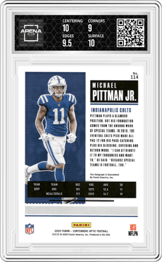 Michael Pittman Jr. from the 2020 Panini Contenders Optic set graded by Arena Club and given an overall grade of 9.5.