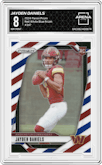 Jayden Daniels from the 2024 Panini Prizm set featuring a Red White Blue Prizm parallel graded by Arena Club and given an overall grade of 8.